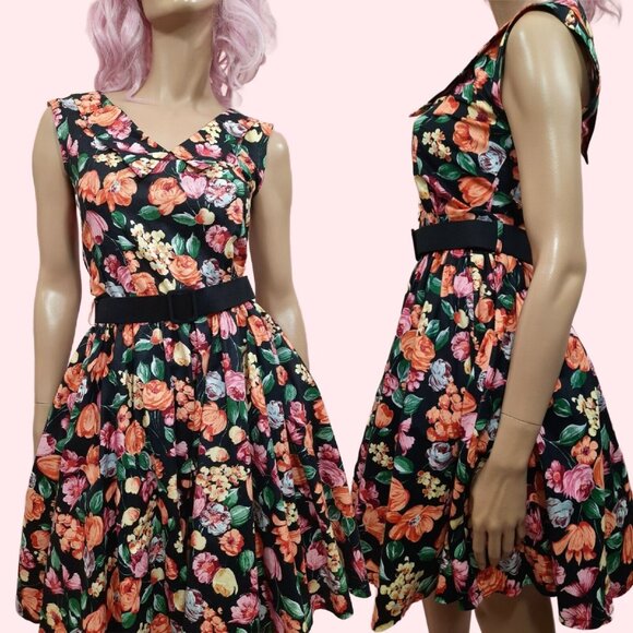 Vintage 80s Belted Floral Dress Prom Party S Retro 50s Sleeveless Crinoline - Picture 1 of 13